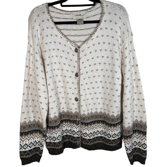 Eddie Bauer Women Fair Isle Cardigan Sweater Beige Brown L Quiet Luxury - Picture 2 of 6